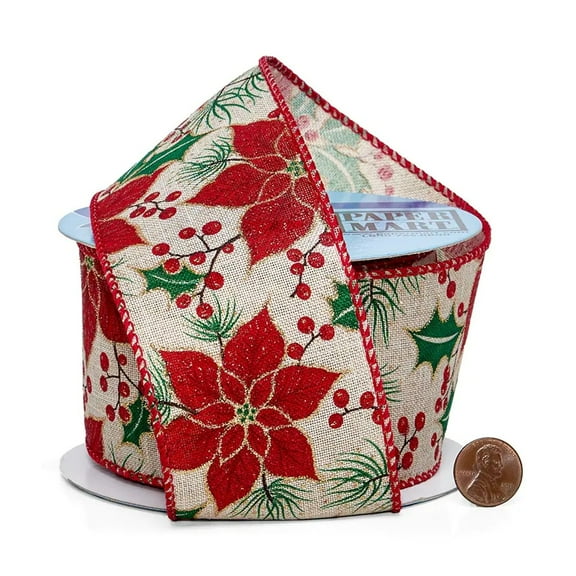 2.5" Wide Poinsettia and Berries on Burlap Wired Ribbon - 10 Yards (56140827)