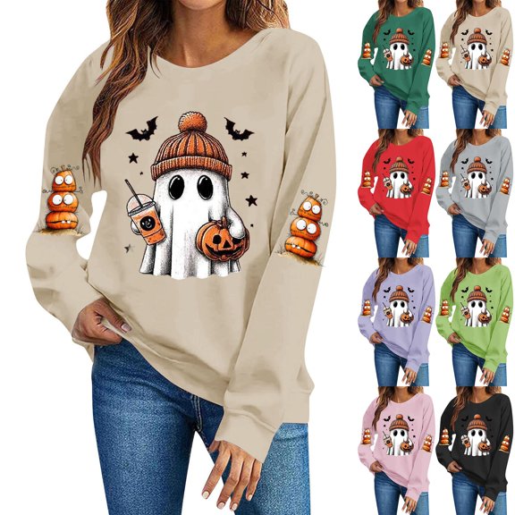 Ichuanyi Halloween Spooky Season Sweatshirt Women Ghost Sweatshirts Oversized Fall Halloween Print Pullover Top