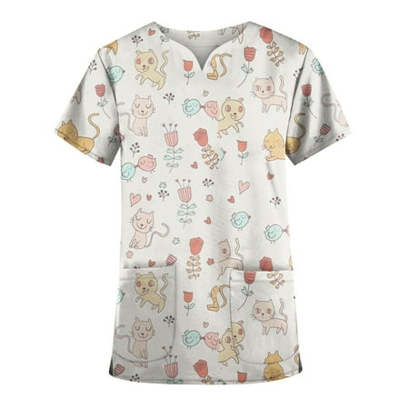 

Gotyou Women s Tops Plus Size Cute Printed Scrub Working Uniform Tops for Women V-Neck Short Sleeve Fun T-Shirts Workwear Tee with Pockets Khaki XXXXL