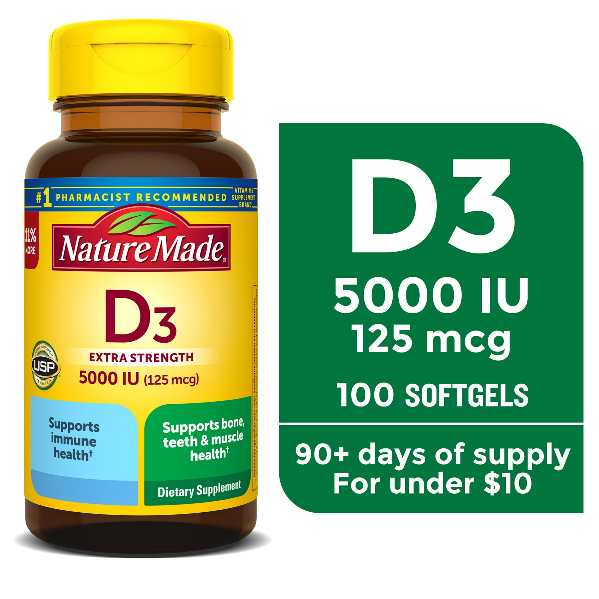 Nature Made Extra Strength Vitamin D3 5000 IU (125 mcg) Softgels, Dietary Supplement, 100 Count