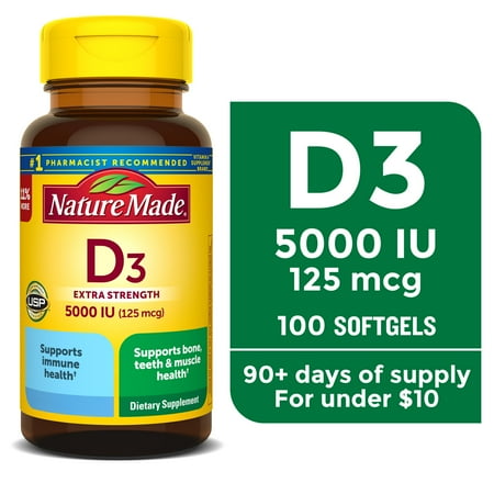 Nature Made Extra Strength Vitamin D3 5000 IU (125 mcg) Softgels  Dietary Supplement for Bone and Immune Health Support  100 Count