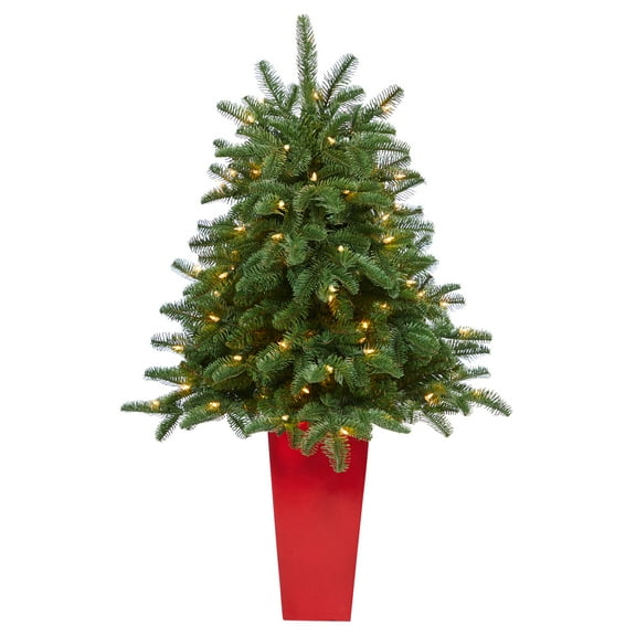 3.5ft. South Carolina Spruce Artificial Christmas Tree with 100 White Warm Light and 458 Bendable Branches in Red Planter