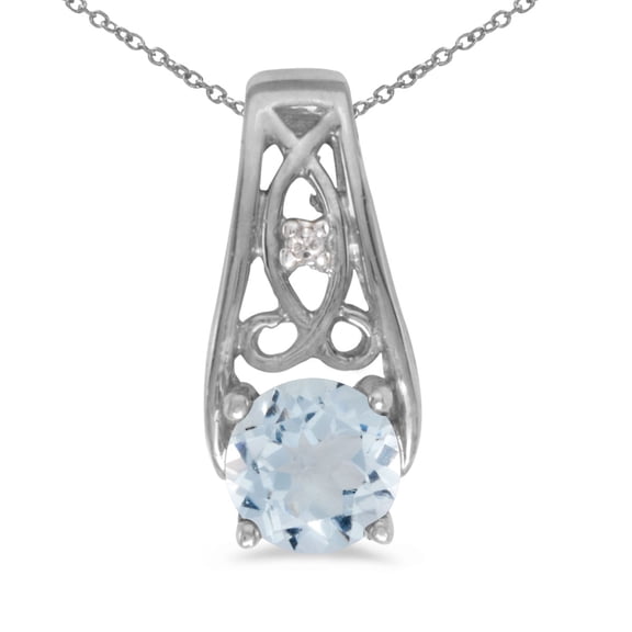 10k White Gold Round Aquamarine And Diamond Pendant with 16" Chain