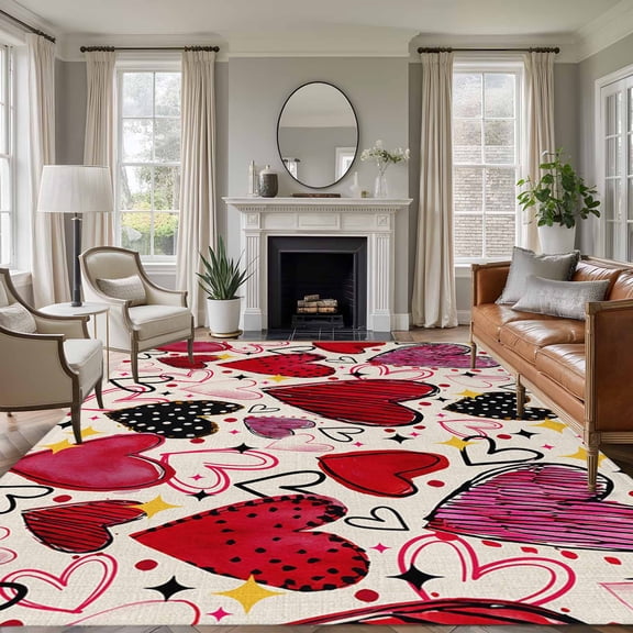 Large Area Rugs for Living Room Bedroom, Romantic Love 8'x10' Rug Washable Carpet Runner Indoor Outdoor, Valentine's Day Stars Heart Cartoons Beige Non Slip Floor Mats Rug for Kitchen, Patio
