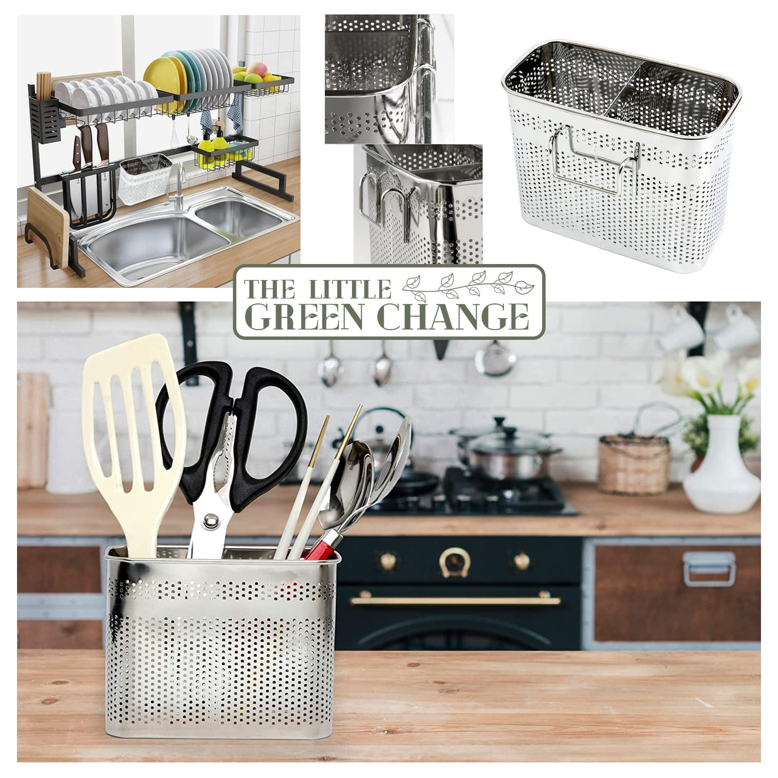 Kitchen Utensils Chopsticks Holder Drying Rack Basket With Hooks 2 Divided Compartments Quality Stainless Steel Large L5.4 X H4.3 W2.6