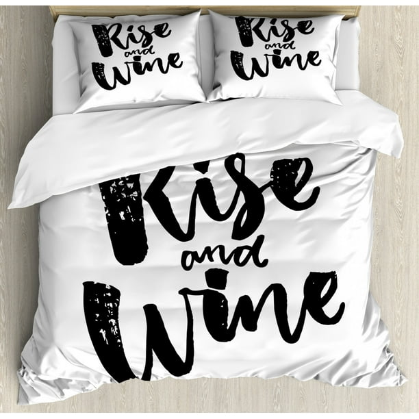 Funny Words Queen Size Duvet Cover Set Rise And Wine Brush Calligraphy E Humorous Saying Drink Funny Words Queen Size Duvet Cover Set, Fun Queen Size Bedding