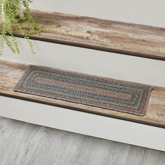 VHC Brands Multi Braided Farmhouse 8.5"x27" Stair Tread Green Textured Jute Striped Latex Backing Rectangle Floor Decor
