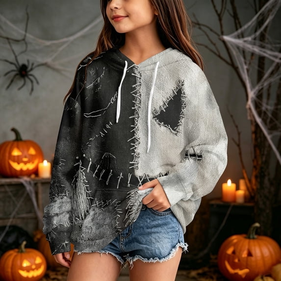 Grblisyd Halloween Face Print Hoodies for Teen Girls Trendy Preppy Hooded Sweatshirts Oversized Long Sleeve Pullover Shirts with Kangaroo Pocket