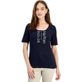 thumbnail image 1 of Nautica Womens Animal Print Ruffle Knit Blouse, Blue, Medium, 1 of 1