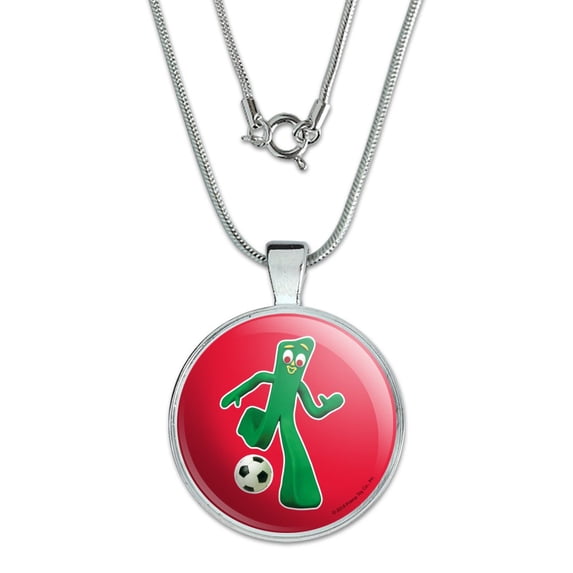Sporty Gumby Soccer Ball Player Clay Art 1" Pendant with Sterling Silver Plated Chain