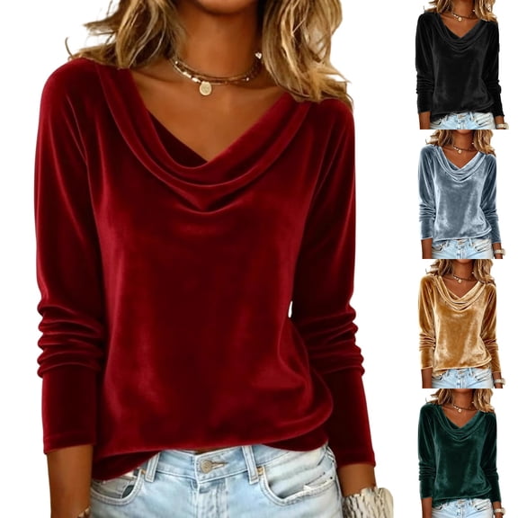 Cowl Neck Tops for Women Trendy Velvet Draped Long Sleeve Tops Elegant Tunic Winter Fall Shirts Work Casual Dressy Blouses Holiday Fleece Pullover Sweater Oversized Flannel Shirt Womens Clothes