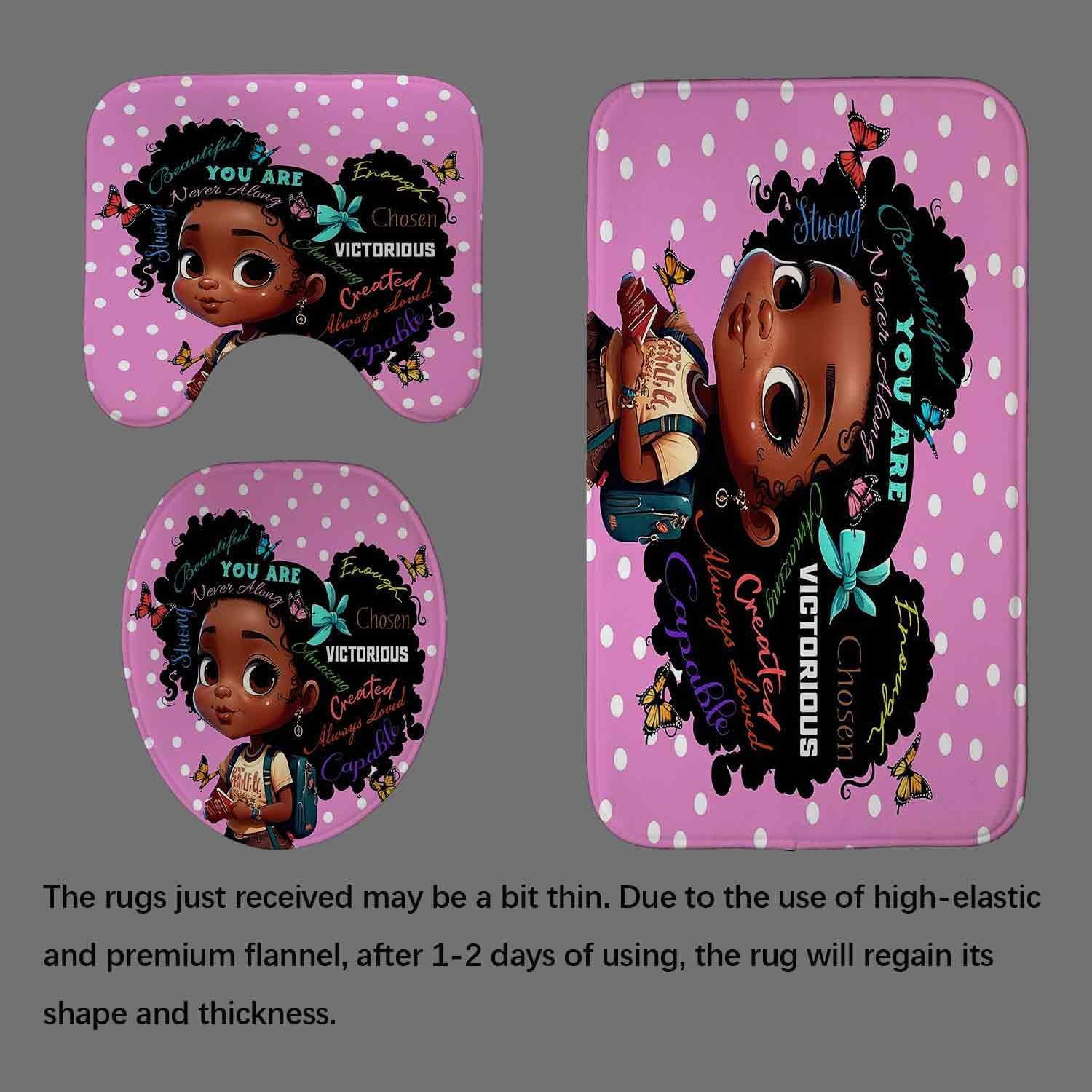 4PCS Black Girl Magic Shower Curtain Set, Cute Princess African American Girl Pink Bathroom Decor for Girls Kids Teens, Inspirational Gifts for Women, Non-Slip Bath Mats Toilet Rugs