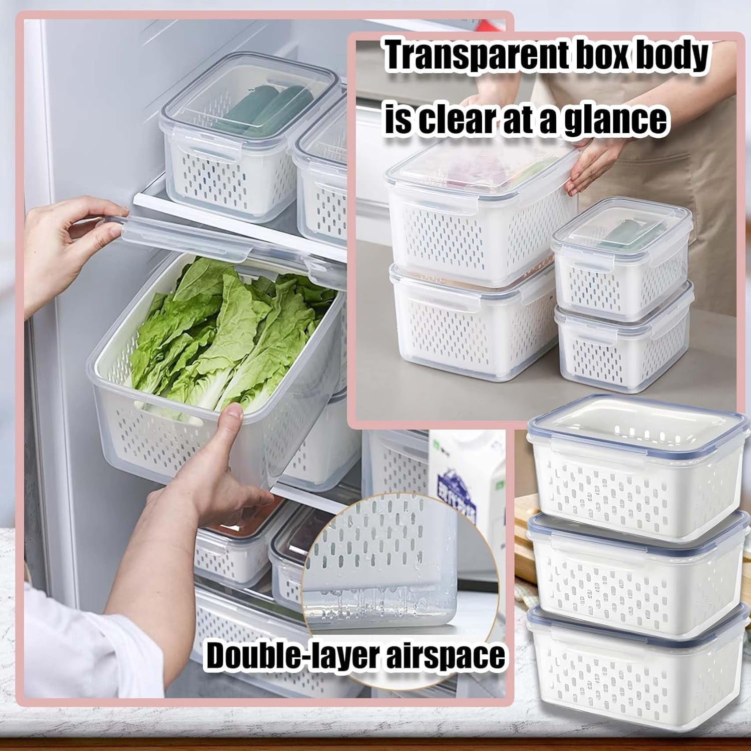 Household Transparent Plastic Food Storage Box-Including Drain Basket, Produce Storage Box with Drain Basket (Gray*Large)