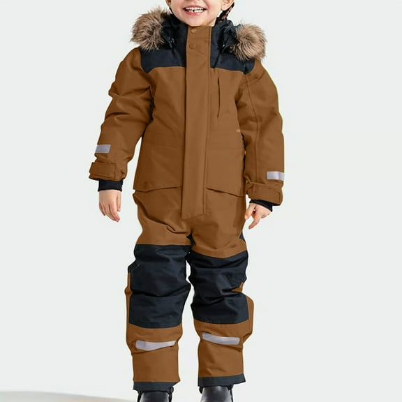 Snow Suit for Kids One Piece Hooded Zip up Overalls Girls Boys Windproof Waterproof Winter Outdoor Jumpsuit Stand Collar Long Sleeve Snowboarding Ski Suit with Pockets