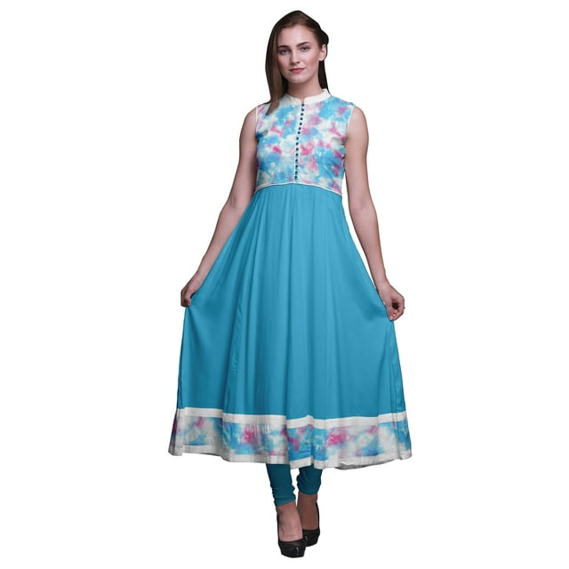Bimba Robe Anarkali Teinture sur Nœuds Vert Turquoise Col Mandarin Sans Manches Kurtis pour Femmes Imprimé Robe Maxi Petit