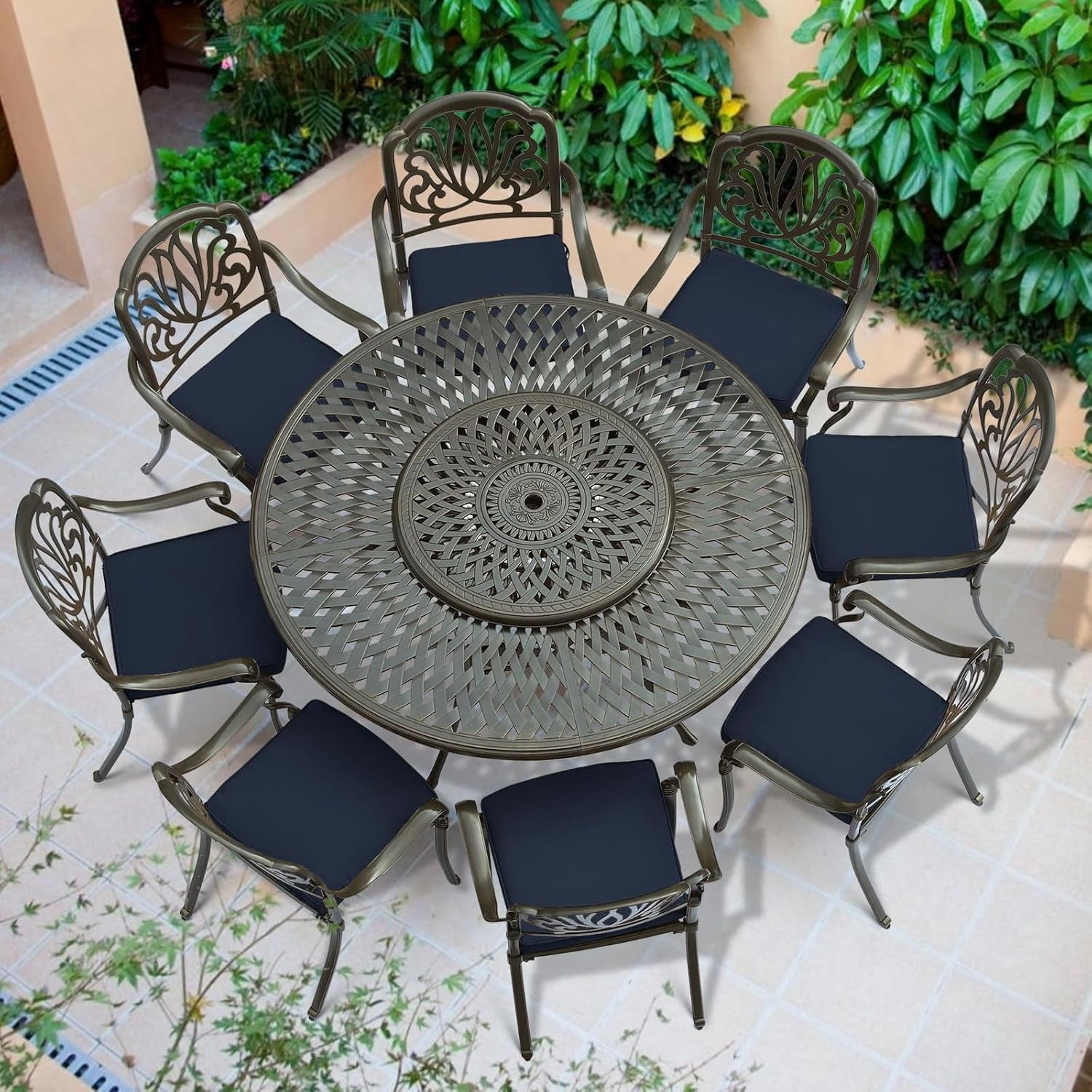 VIVIJASON 9-Piece Patio Furniture Dining Set, Cast Aluminum Rust-Free Outdoor Conversation Set, Include 61" Round Dining Table with 31" Lazy Susan & 8 Cushioned Chairs, Umbrella Hole, Navy Blue