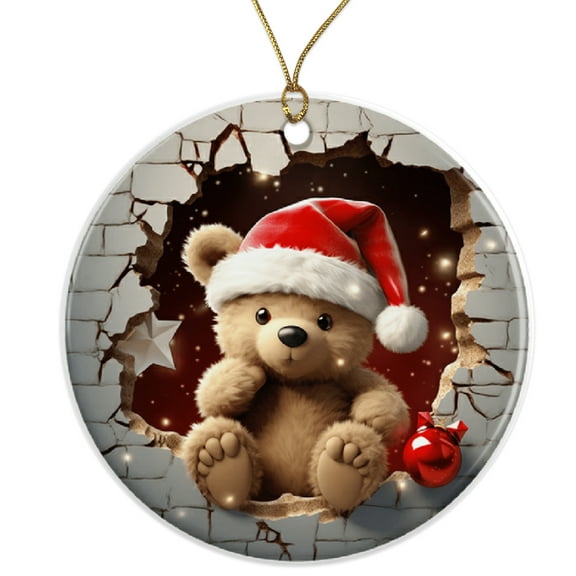 Christmas Teddy Bear Ornament - Cute Santa Bear - Holiday Decor - Festive Tree Decoration - Unique Xmas Ornament Ceramic Ornament - 3 Inch Christmas Tree Round Ornament - Xmas Holiday Decor ORNW0209