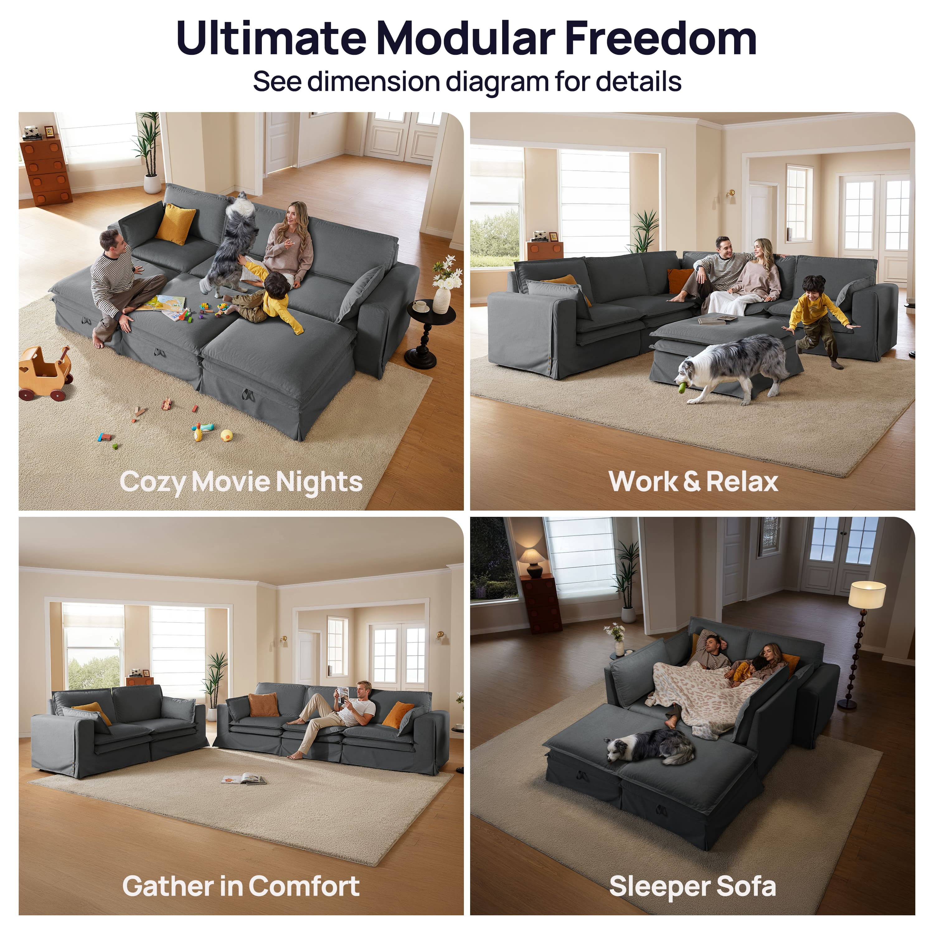 CHIC HOUSE Modular Deep-Seat Corner Seat for Sectional Sofa, Removable Washable Slipcover, Waterproof & Pet-Scratch-Resistant, Comfy Cloud Couch with Dual-Layer Cushion for Living Room, Gray