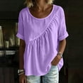 thumbnail image 5 of Nmnitkp Linen Tops for Women Solid Color Linen Blend Gathered Crew Neck Short Sleeve Blouse, Loose Fit Casual Summer Tops for Daily Wear Purple,2XL, 5 of 9