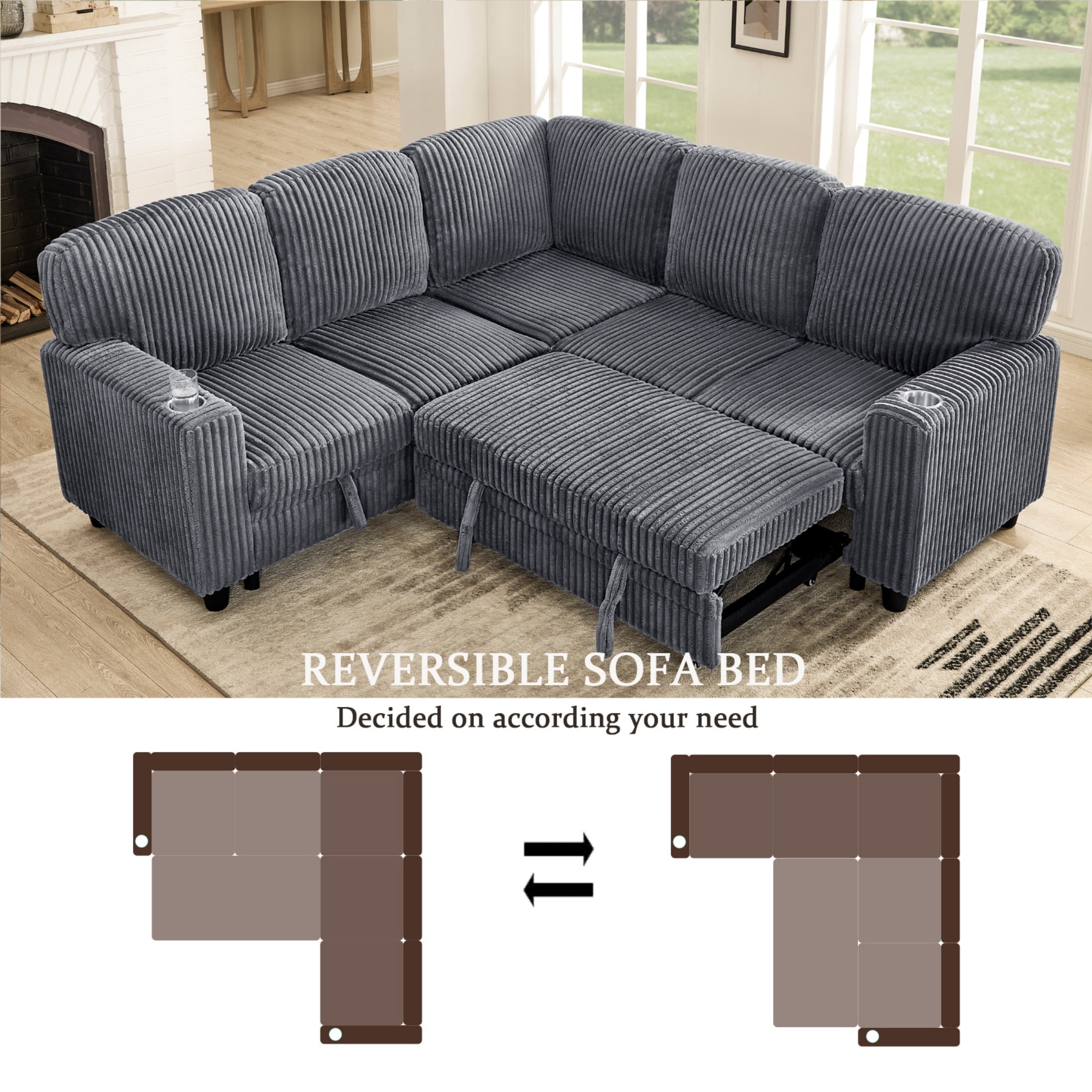 Convertible L-Shaped Sectional Sofa Set w/ Pull-Out & Storage Seat, 5-Seat Corduroy Sleeper Bed Couch w/ Charging & Cup Holder Design