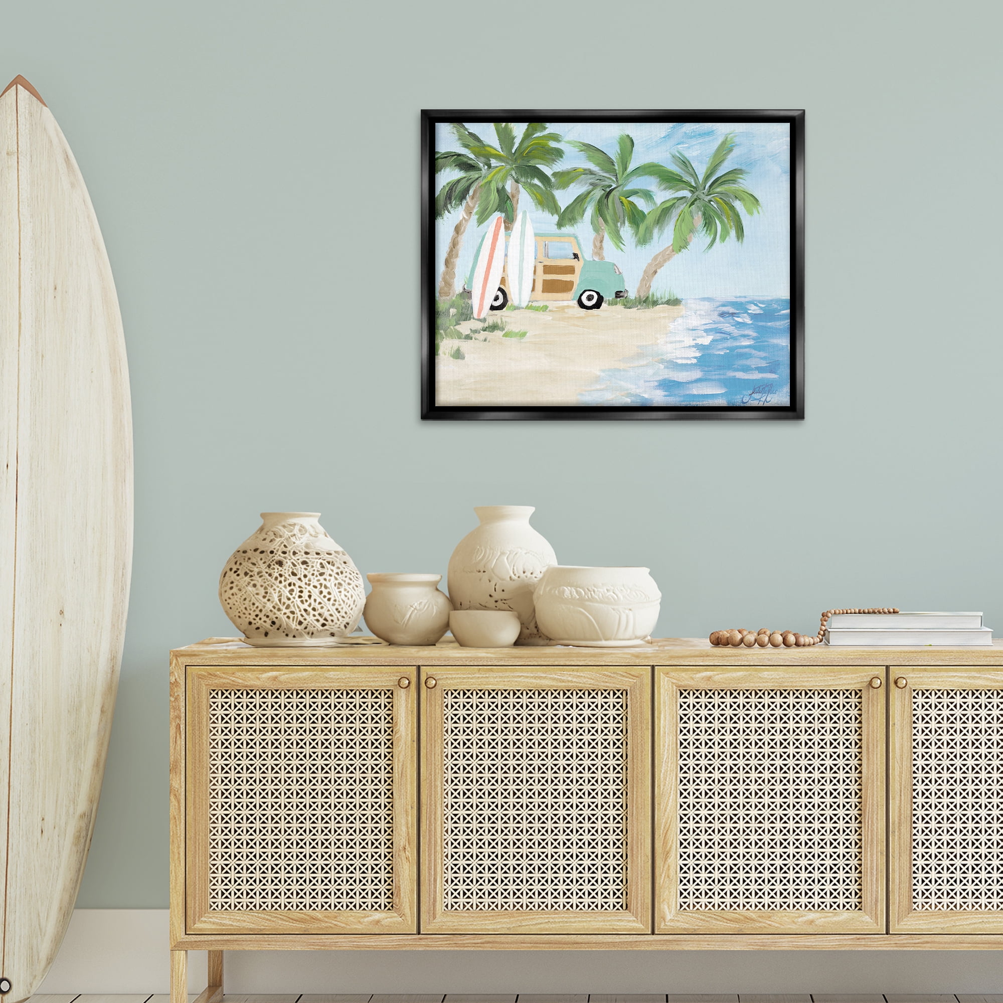 Stupell Industries Tropical Vacation Surfboards Landscape Painting Black Floater Framed Canvas Art Print Wall Art, 31 x 25