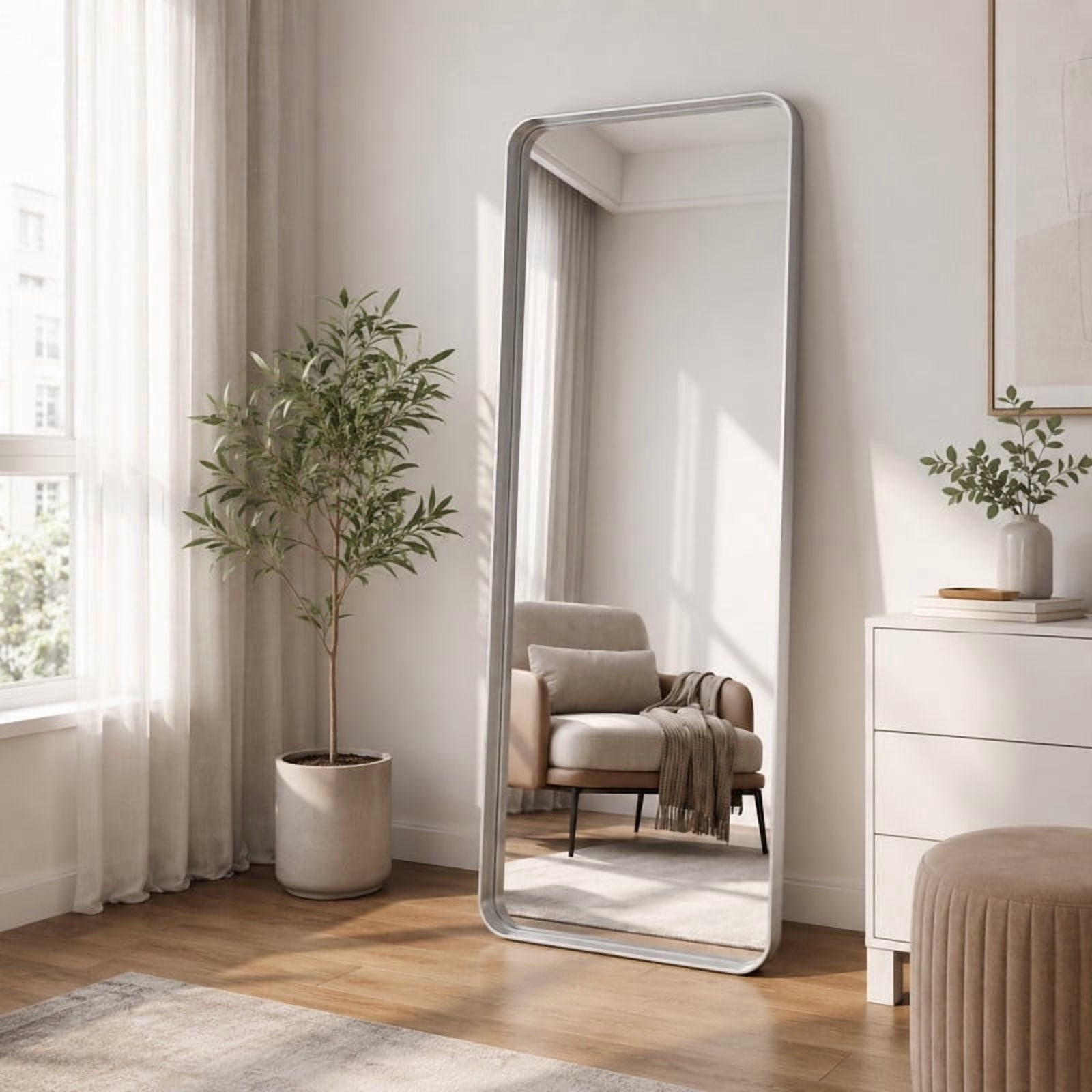 Easy4Home 64"x21"Deep Frame Rounded Rectangle Full Length Dressing Mirror Floor Standing Mirror Wall Mounted,Silver