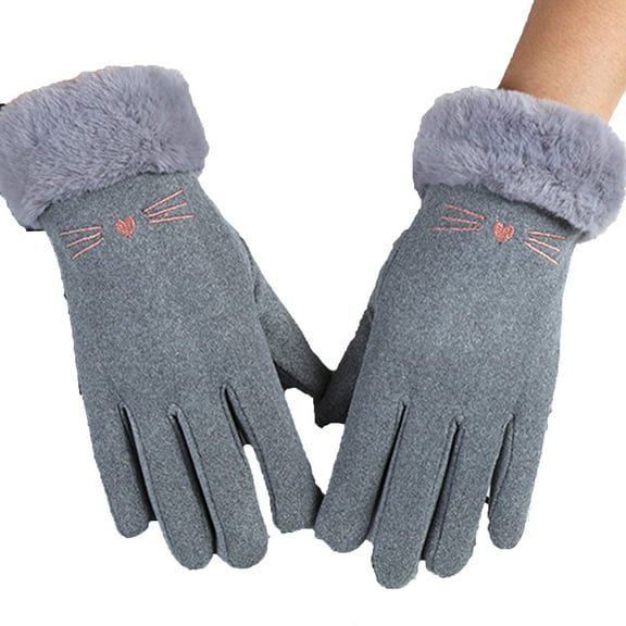 Tao Women Soft Suede Cold Weather Gloves Cute Cat Fleece Lined Winter Thermal Mittens with Faux Fur Cuff GrayFree Size