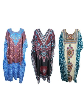 Mogul Womens Kimono Maxi Caftan Dress Printed Viscose Fall Fashion Evening Wear Cover Up 3PC