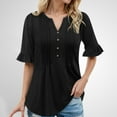 thumbnail image 2 of MIXUE Boho Tops For Women Summer Solid Color V Neck Button Short Sleeve Fashion Loose Casual Pleated Tee Shirts Holiday Wear,Black,M, 2 of 6