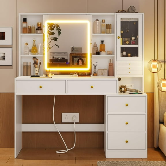 Afuhokles Vanity with Lighted Mirror and Charging Station, 3-Layer Jewelry Box, Makeup Vanity Desk with Sliding Mirror, 5 Drawers and Shelves, White