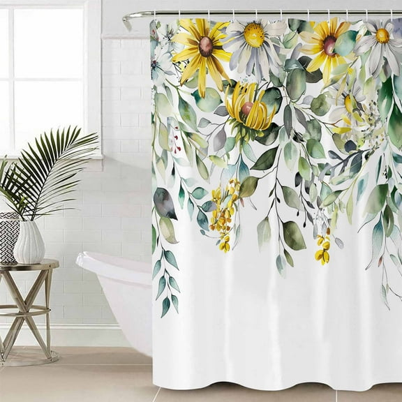 Flowers Eucalyptus Bathroom Curtain 78 Inch Shower Curtain with Hooks, Rustic Botanical Daisy Leaves Floral Waterproof Polyester Bath Curtain Washable Bathtub Curtain 72''x 78''