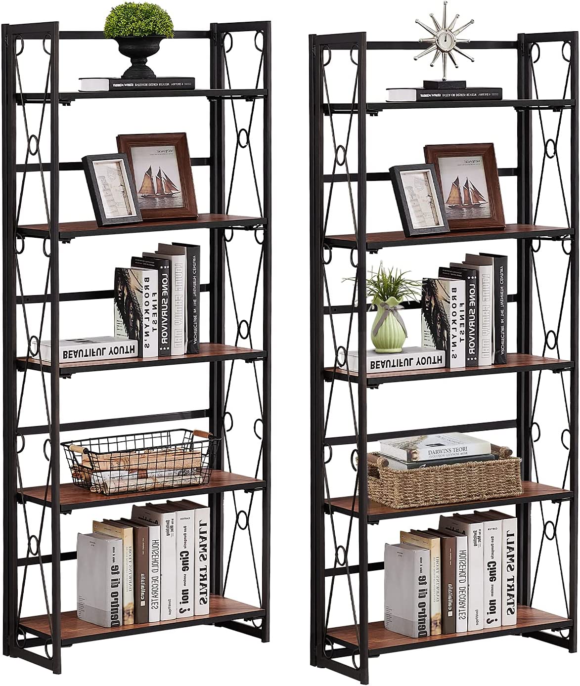 General 5 Tier Folding Bookshelf No Assembly Book Shelf Bookcase Industrial Metal FreeStanding