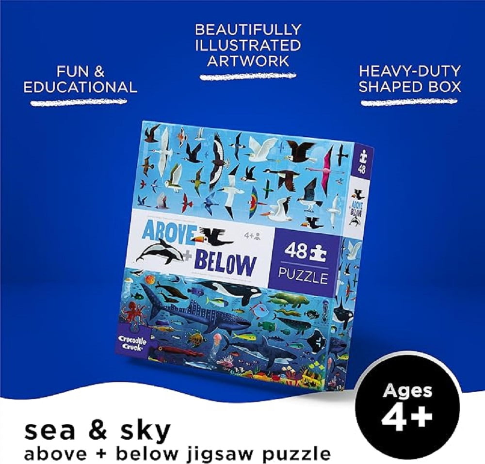 Crocodile Creek Above + Below 48-Piece Jigsaw Floor Puzzle - Fun Floor Puzzles for Kids Ages 4-8 - Heavy-Duty Shaped Box for Storage - Sea and Sky - 18 x 24 inches Finished