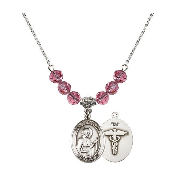 18-Inch Rhodium Plated Necklace with 6mm Rose Pink October Birth Month Stone Beads and Saint Camillus of Lellis / Nurse Charm