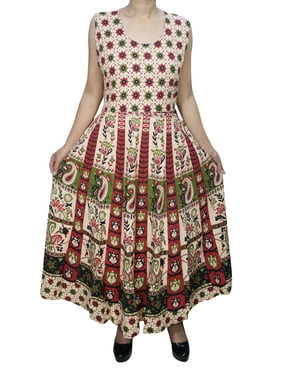 Mogul Women Maxi Sundress Handmade Paisley Floral Print Cotton Boho Summer Chic Dresses