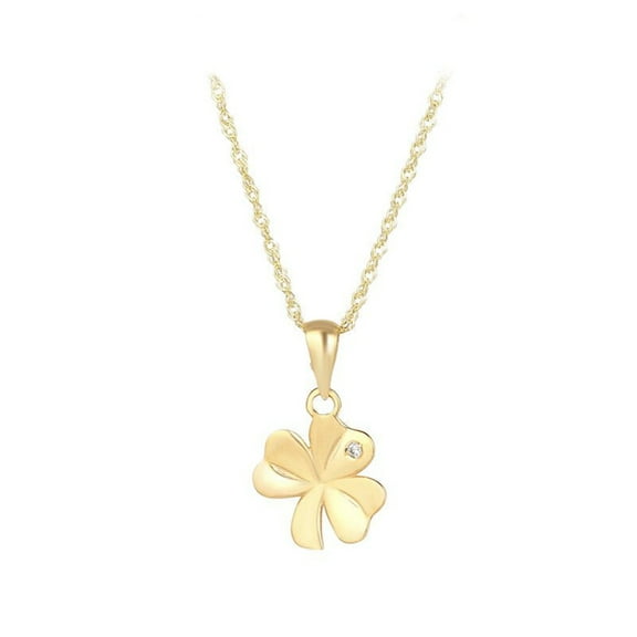10K Gold CZ Shamrock Necklace- Single CZ Stone