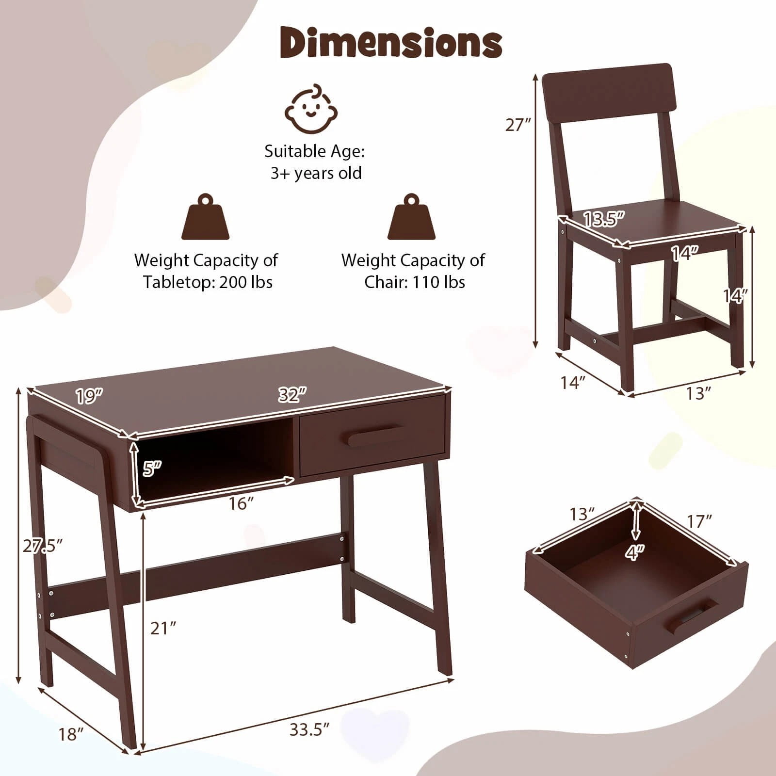 Auranook Kids Desk and Chair Set, Wooden Children Study Table Set with Storage Drawer, Student Writing Desk Set for Bedroom and Study Room