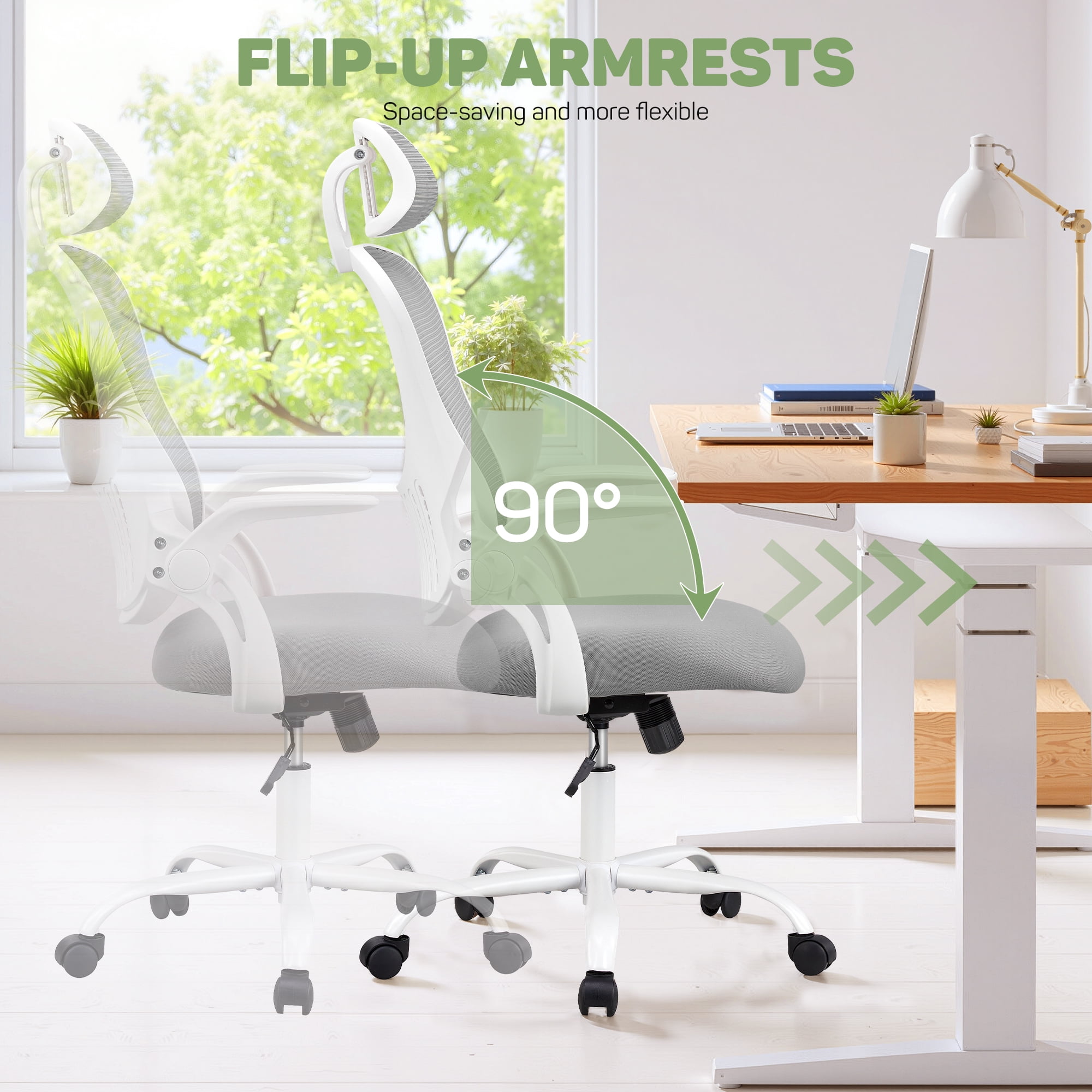 Ergonomic Office Desk Chair, High-Back Mesh Computer Chair with Adjustable Headrest, Lumbar Support, Flip-Up Armrests, Swivel Rolling Task Chair for Home Office, Gray