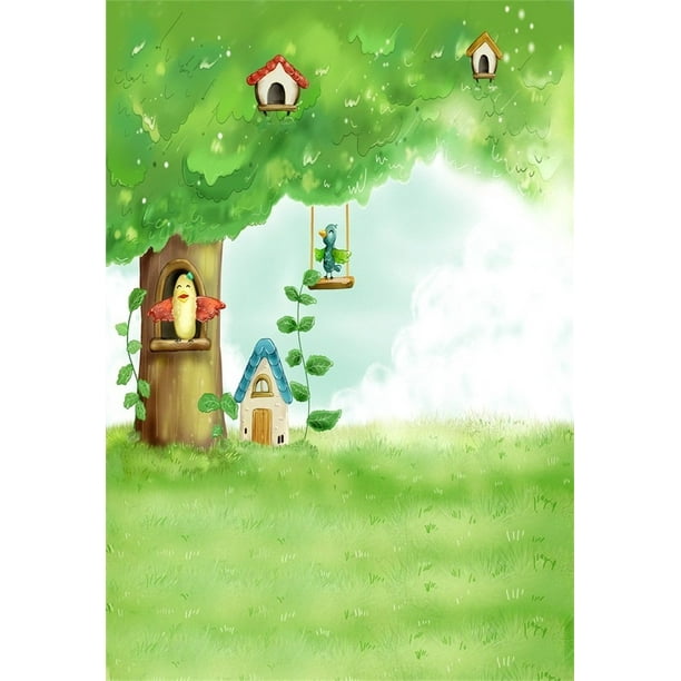 MOHome Backdrop 5x7ft Photography Background Paint Spring Nature Cartoon  Tree House Birds Green Lawn Scene Children Kids Background Backdrop Photo  Studio Props 
