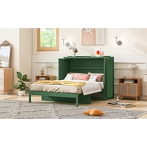 YIYADO Full Size Murphy Chest Bed with Drawers, Farmhouse Wood Space Saving Hidden Folding Bed Chest, Multifunctional Storage Cabinet Bed for Bedroom, Office, Green