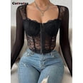 thumbnail image 2 of Cotvotee Women Clothing Corset Top Sheer Sexy Lace Long Sleeve Square Collar Breasted Tops Streetwear Fashion New Chic, 2 of 5