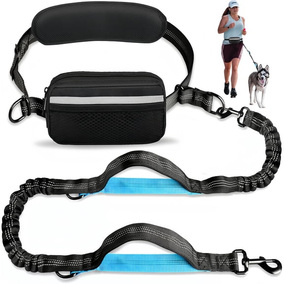 TIOVERY Hands Free Dog Leash with Zipper Pouch, Dual Handle, Reflective Stitches for Medium and Large Dogs, Waist Bag Pack Carry Phones for Running Walking (Large, 25-120 lbs, Blue)