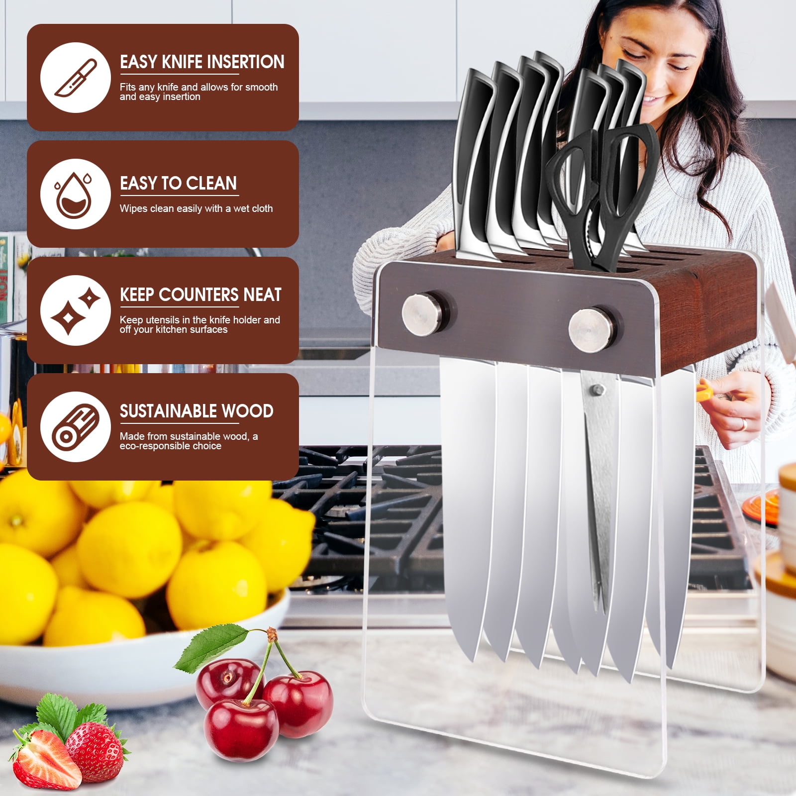 ENOKING Universal Knife Block without Knives, Acacia Wood Knife  Holder/Knife Organizer with Removable Plastic Bristles for Kitchen Counter  Knife