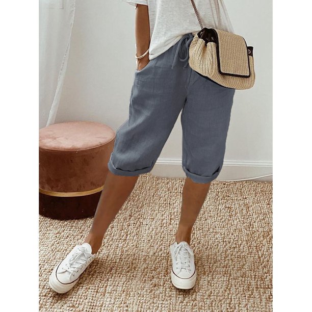 Pantalones casuales elásticos de bolsillo sencillos de moda de algodón y lino para mujer, pantalones de mujer, pantalones de cinco cuartos