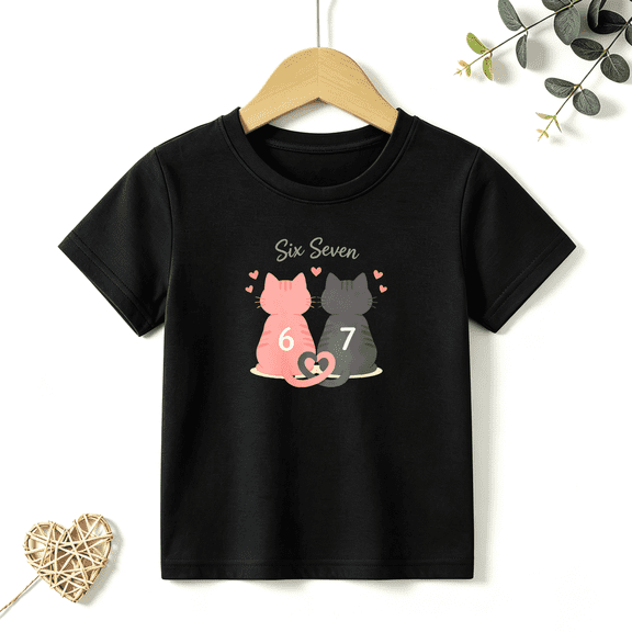 Girls Graphic Tees 67 Six Seven Cats Kids T Shirt Cute Meme 100% Cotton Short Sleeve Soft Tops 4-13Y