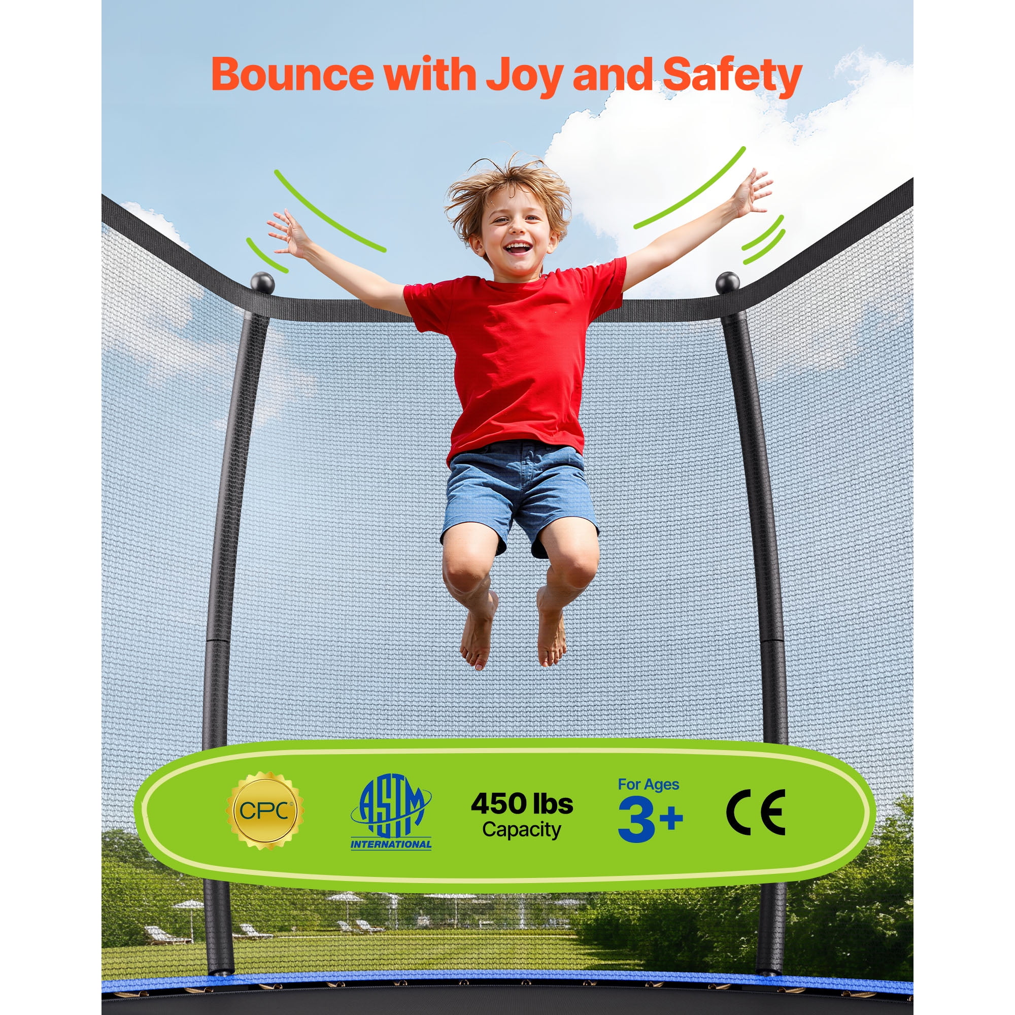 KFFKFF 14FT Outdoor Trampoline with Safety Enclosure, Durable Recreational Trampoline for Kids and Adults, ASTM Certified, 450 lbs Weight Limit, Rust-Resistant Design for Backyard Use