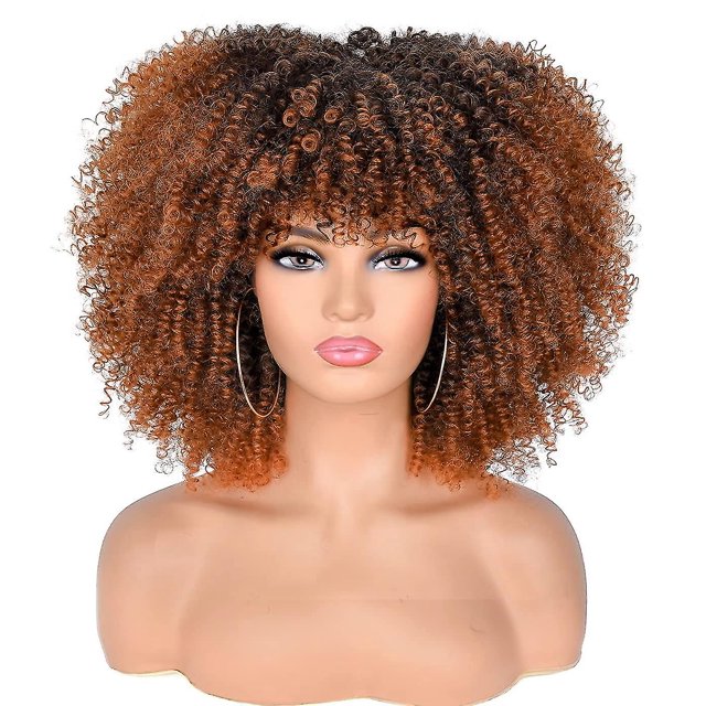 Pelucas rizadas para mujeres negras peluca rizada afro corta con flequillo peluca rizada completa marrón Ombre de 14 pulgadas