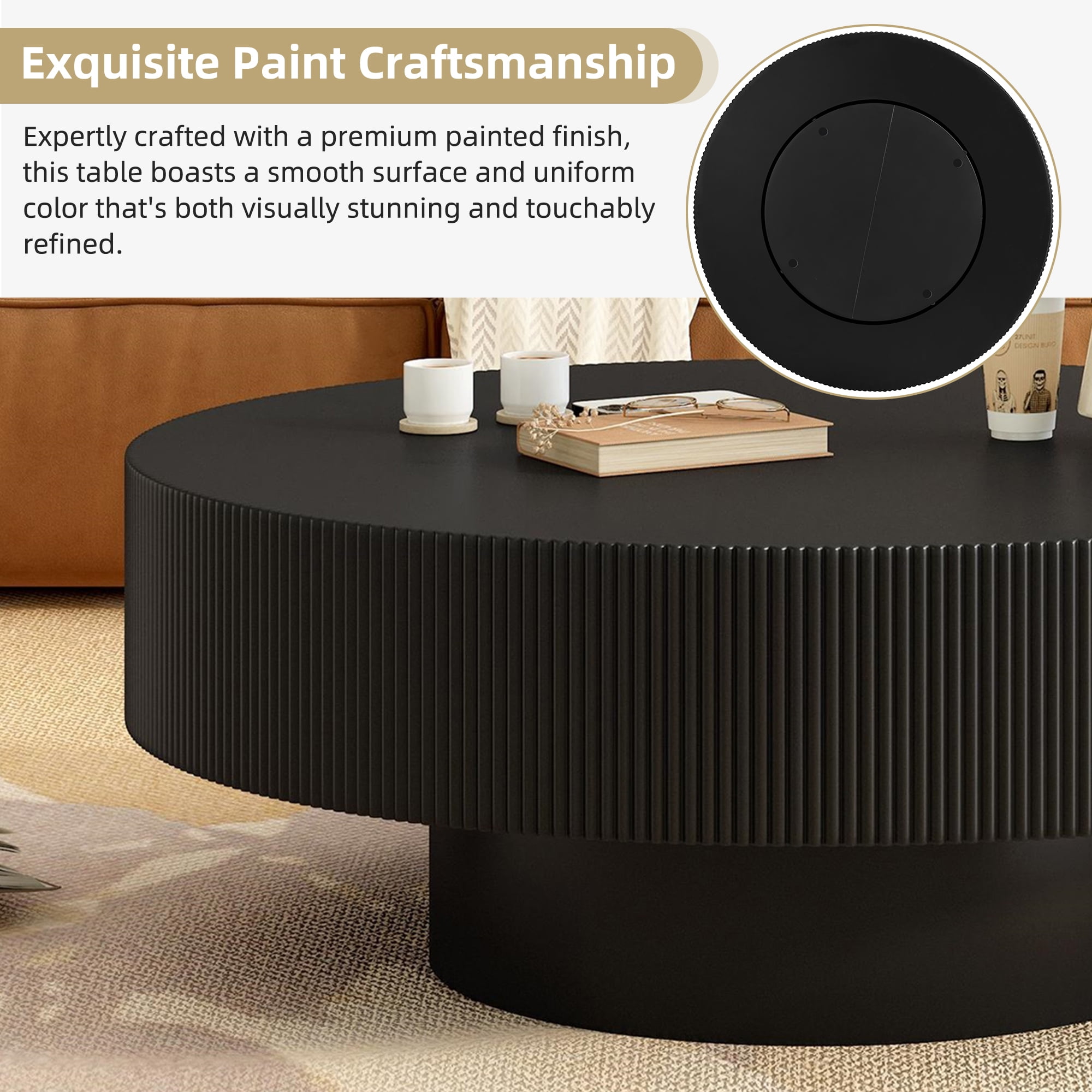 Euroco Elegant Easy Assembly Round Coffee Table with 6.8" Thick Tabletop, Modern Drum End Table, Minimalist Fluted Center Table with Sturdy Base for Living Room, Black, 31.5"W*13.7"H