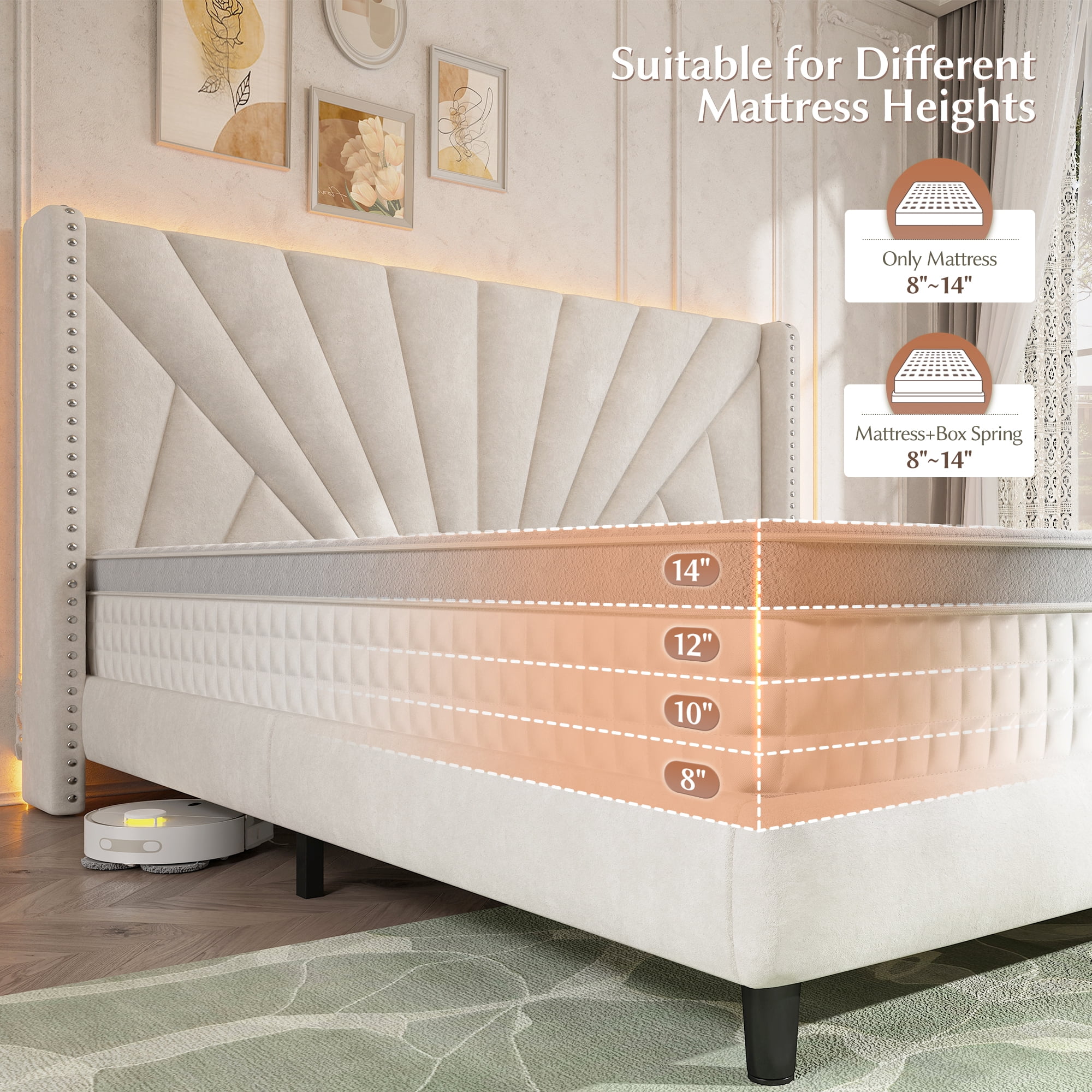EnHomee King Bed Frame with 51"Tall Headboard Upholstered King Size Platform Bed Frame with LED Lights & Charge Station, Beige, No Box Spring Needed, Noise Free