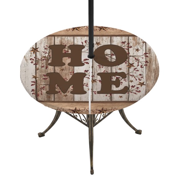 Round Outdoor Tablecloth with Umbrella Hole and Zipper, Vintage Farmhouse Tablecloth with Elastic Waterproof, Retro Home Text Country Star Wooden Patio Table Covers for 36" - 44" Picnic Pool Tables